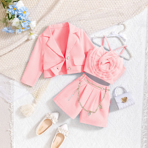 Meqiai per Ragazze Europee e Americane, Set Tre Pezzi in Cotone Primavera/Autunno, Giacca Floreale a Maniche Lunghe e Pantaloncini Abbinati - Product Image 3