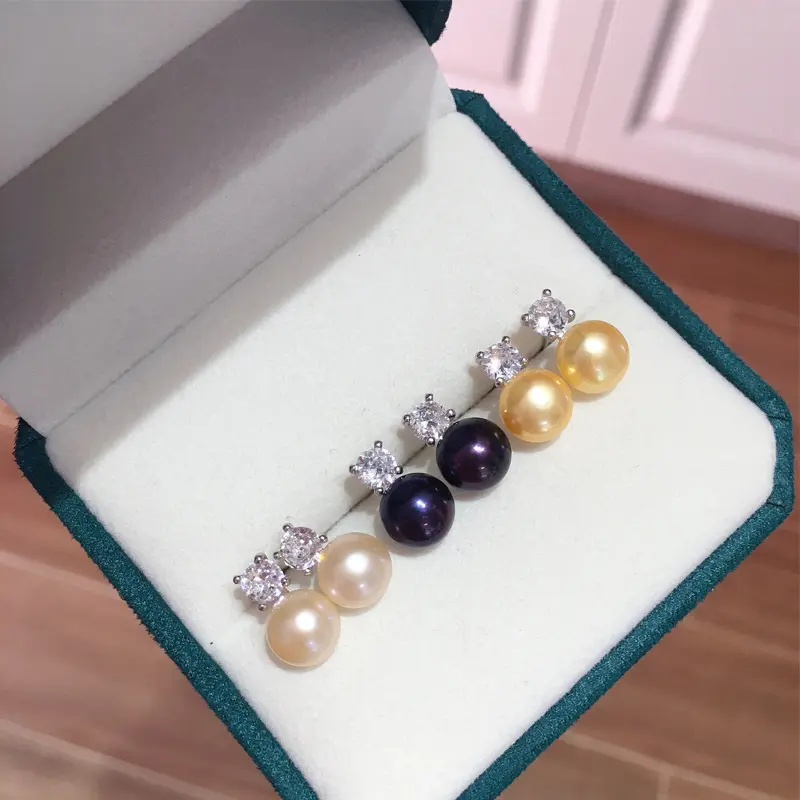 Anting-Anting Mutiara Kepingan Salju Putri Air Tawar Hitam Bulat Anting-Anting Perak Murni 925 Berlapis Emas Putih 18K