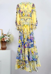 Vestido Largo 100% Seda, Primavera 2026, <span class=keywords><strong>para</strong></span> Fiesta de Noche, Sexy, Cuello en V, Estampado Floral, Manga Larga, Elegante, Amarillo, Maxi Vestido - Product Image 2