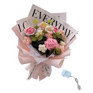 ช่อดอกไม้โครเชต์สีชมพูสูงดอกไม้ประดิษฐ์เหมือนจริงสำหรับงานเลี้ยงครบรอบวันวาเลนไทน์ฉลองวันขอบคุณพระเจ้า - Product Image 6