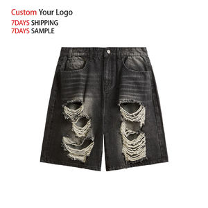 Vaqueros de mezclilla de alta calidad, vintage, de punto, de moda, de pierna ancha, desgastados, estilo Y2K, al por mayor, personalizados, de talle medio, de diseñador, rasgados, holgados, cortos - Product Image 4