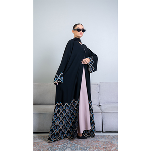 Elegant Black Open Front Abaya Embroidered Flare Sleeve Muslim Robe Islamic Dubai <b>Kaftan</b> for women - Product Image 1