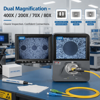 Microscope à fibre optique de paillasse 400X/200X à double grossissement pour l'inspection des fibres à cœur unique ou multiples, et le contrôle qualité des extrémités MPO/SC/LC