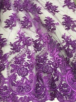 Tela de Tul con Lentejuelas y Cuentas Moradas de Lujo, Bordado a Mano de Alta Calidad para Vestidos de Novia y Prendas
