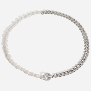 Kalung Rantai Cuban Mutiara Air Tawar Minimalis J&D, Baja Anti Karat Berlapis Emas 18K, Gesper Toggle OT, Perhiasan Klasik - Product Image 5