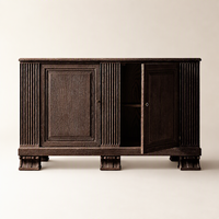 Buffet d'appoint en bois massif cannelé de luxe en chêne noir à 2 portes pour salle à manger d'hôtel et rangement domestique