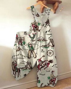 بدلة قفز مع حمالة مطبوع عليها حصان الصبار من Western Cowgirls لعام 2024، سالوبيت وسروال وبلوزة واسعة، بدلة قفز صيفية - Product Image 2