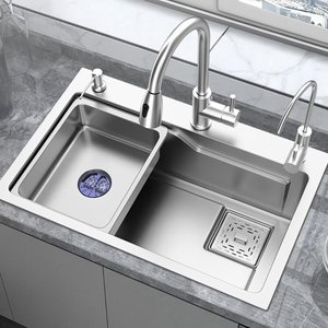 Évier de cuisine à cuve unique en acier inoxydable 304, épaissi de 5 mm, pour le lavage des légumes et de la vaisselle, avec robinet de cuisine extractible en laiton - Product Image 1