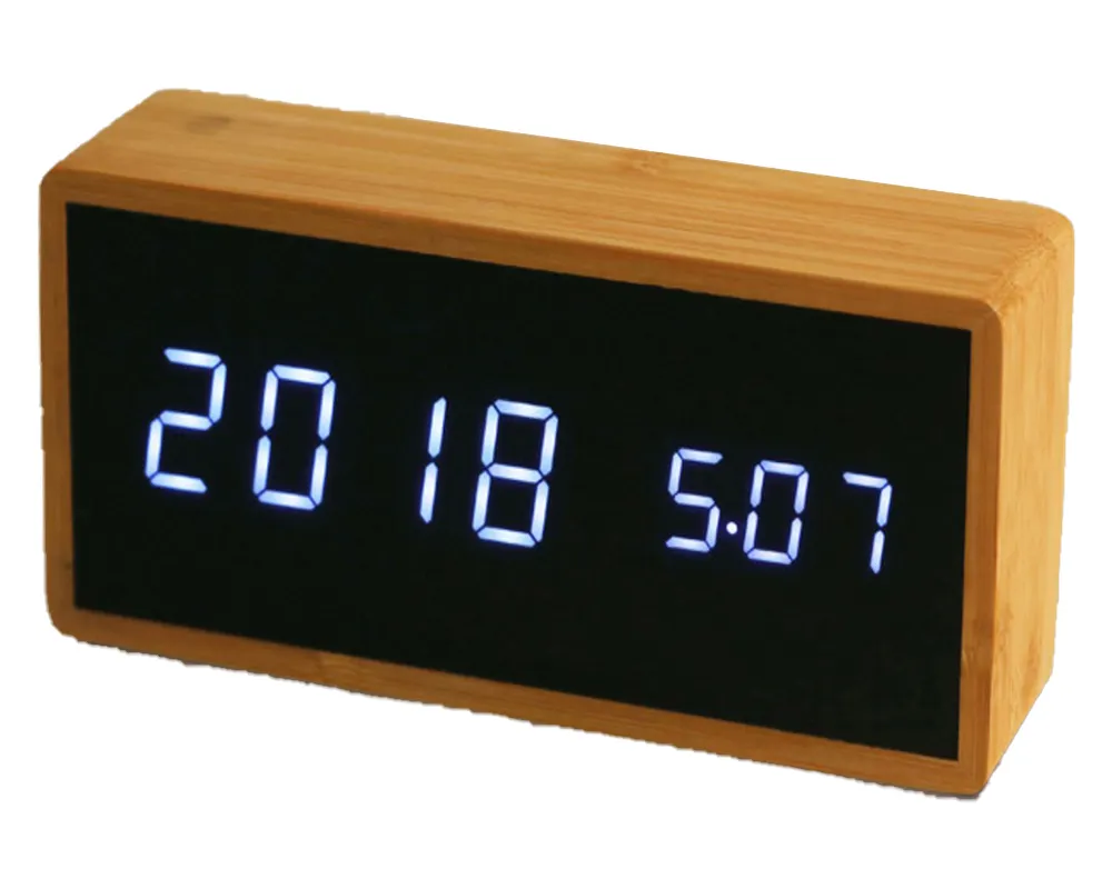 Bamboo Material LED Display Voice Control Alarm Clock with Snooze Function