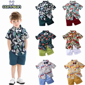 Conyson ชุดเสื้อผ้าสำหรับเด็กผู้ชาย2ชิ้นเสื้อเชิ้ตแขนสั้นพิมพ์ลายสำหรับเด็กผู้ชาย