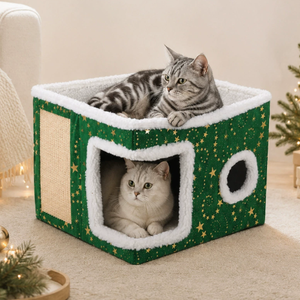 Cama Cueva Plegable para Gatos, Festiva y Navideña, Casa para Mascotas Cálida y Acogedora con Rascador, Nido para Gatos de Doble Capa para Interiores - Product Image 1