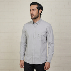Chemise décontractée pour homme en coton gris clair, manches longues, col boutonné, couleur unie, tissu popeline anti-plis - Product Image 1