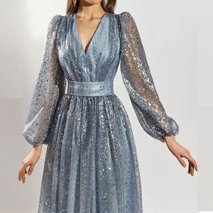 Robe de soirée 2023 grande taille femmes Sexy col en v taille haute robe en maille robe de soirée - Product Image 4