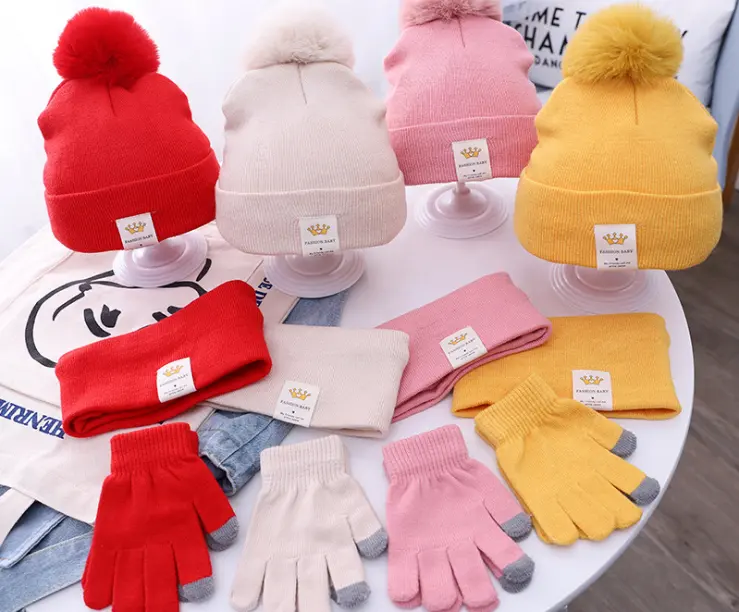 YH3608 Winter solid color children's hat with scarf and glve/mitten sets with pompom ball