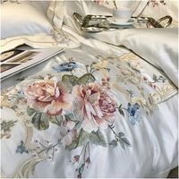 Parure de Lit 4 Pièces en Coton Égyptien, Broderie Florale, Style Palais, Taille King, Housse de Couette, Drap Plat et Deux Taies d'Oreiller