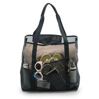 Grand sac fourre-tout noir en maille avec plusieurs compartiments, idéal pour la plage, la piscine, la salle de sport et le shopping quotidien