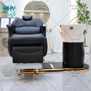 Tazón de champú para peluquería japonés moderno negro, silla de lavado, lavado de cabeza, cama de champú para terapia de agua de Spa con <span class=keywords><strong>Base</strong></span> de luz Led - Product Image 4