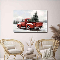 Tableau mural vintage camion rouge et sapin de Noël enneigé, scène forestière hivernale, toile encadrée, décoration de ferme pour les fêtes