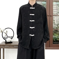 Chemise décontractée pour homme, style Tang traditionnel, à manches longues, col montant, gaufrée, avec boutons grenouille, pour le quotidien