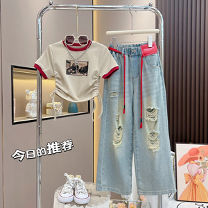Completi Estivi per Bambine 2026: Nuovi Set <span class=keywords><strong>Trendy</strong></span> per Bambini Grandi, Jeans a Gamba Larga Stile Street con Camicie a Maniche Corte - Product Image 5