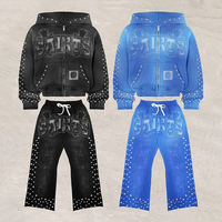 Chándal personalizado con diamantes de imitación para hombre, chándal recortado de gran tamaño lavado con ácido, conjuntos Unisex, pantalones de chándal Vintage desgastados y conjunto con capucha