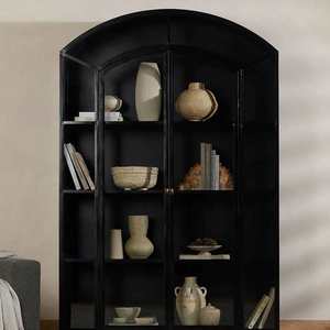 American Custom Modern Living Room <strong>Bookcase</strong> with Oak <strong>Wood</strong> and Glass Door Display Cabinet <strong>Solid</strong> Black Arch Wine Cabinet Locker - Product Image 3