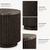 Table d'appoint ronde de luxe moderne avec plateau en marbre noir et pieds en bois cannelé, avec rangement dissimulé, idéale pour projets de villas et d'hôtels