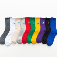 Chaussettes de couleur bonbon pour femmes et filles, broderie mignonne, motif soleil nuage lune, chaussettes personnalisées