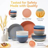 Service de vaisselle 64 pièces en paille de blé incassable, réutilisable, compatible lave-vaisselle, motif rayé - Assiettes à dîner/pain/dessert et tasses