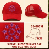 Gorra Trucker de Gamuza Roja con Logotipo Personalizado OEM ODM, Bordado Mandala, Visera Curva, Malla, Cierre a Presión, Venta al por Mayor de Fábrica, MOQ Bajo, DDP