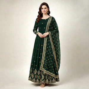 Costume Anarkali vert traditionnel pour femmes avec broderie dorée, longueur au sol, en soie, pour mariage, style Inde Pakistan - Product Image 1