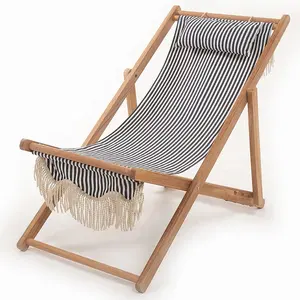 Groothandel Verstelbare Liggende Opvouwbare Balkon Lounger Hout Outdoor Strand Sling Houten Dek Stoelen Met Kwasten