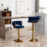Ensemble de 3 tabourets de bar élégants en velours bleu, tabourets de bar à hauteur de comptoir avec dossier bas et pivotants en or pour îlot de cuisine