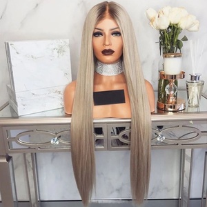Abu pirang rambut manusia Wig renda penuh, bagian tengah rambut Virgin India mentah Wig pirang renda penuh dengan akar gelap - Product Image 1