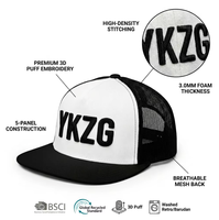 Casquette Trucker 5 Panneaux YKZG Série G Couronne Blanche Bord Noir Dos en Maille Broderie 3D en Relief Machine Barudan GRS & BSCI en Sergé