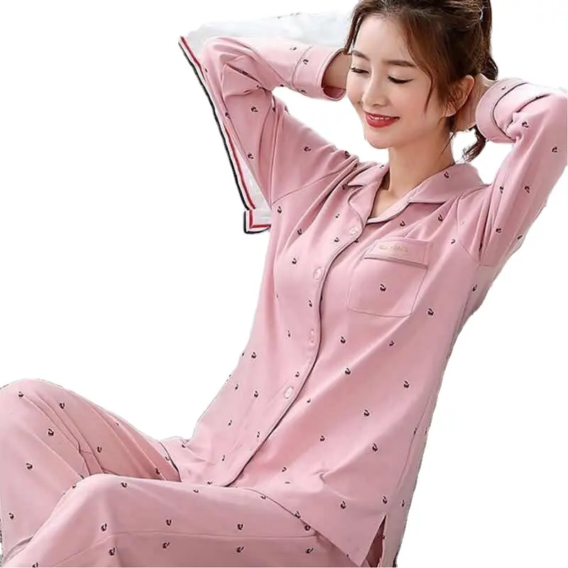 Wholesale Women's Cotton Soft Shirt Sleepwear Long Sleeve All Size Full-Length Bottom Pajama Set