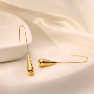 Pendiente de gota de agua de oro de 18K para mujer, pendiente de gancho de oreja largo de moda de alta calidad, acero inoxidable plateado