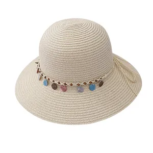 고품질 접이식 야외 UV 보호 여름 boho 밀짚 버킷 모자 여자 여자 스팽글 장식 비치 모자 여자 하이킹