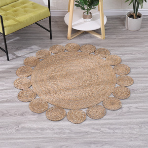 พรมปูพื้นทรงกลมขนาด 80 ซม. สไตล์โบโฮชิค ทำด้วยมือจากเส้นใยปอกระเจา ถักเปียพร้อมพู่ห้อย ขนสั้น ไม่ลื่น เหมาะสำหรับตกแต่งบ้าน - Product Image 3