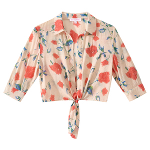 เสื้อผู้หญิงแขนสั้นลำลองเซ็กซี่ ปกพับได้ ลายพิมพ์หลากสี ผูกโบว์ด้านหน้า ทรงเข้ารูป ผ้าทอเนื้อนุ่ม สไตล์วินเทจ เสื้อครอปสำหรับฤดูร้อน - Product Image 3