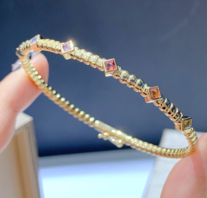 ทอง18K แข็งสีเหลือง VS เพชรเจ้าหญิงตัดไพลิน<span class=keywords><strong>ทับทิม</strong></span>รุ้งกำไลผู้หญิงหรูหราการออกแบบล่าสุดเสน่ห์บางกำไล - Product Image 1