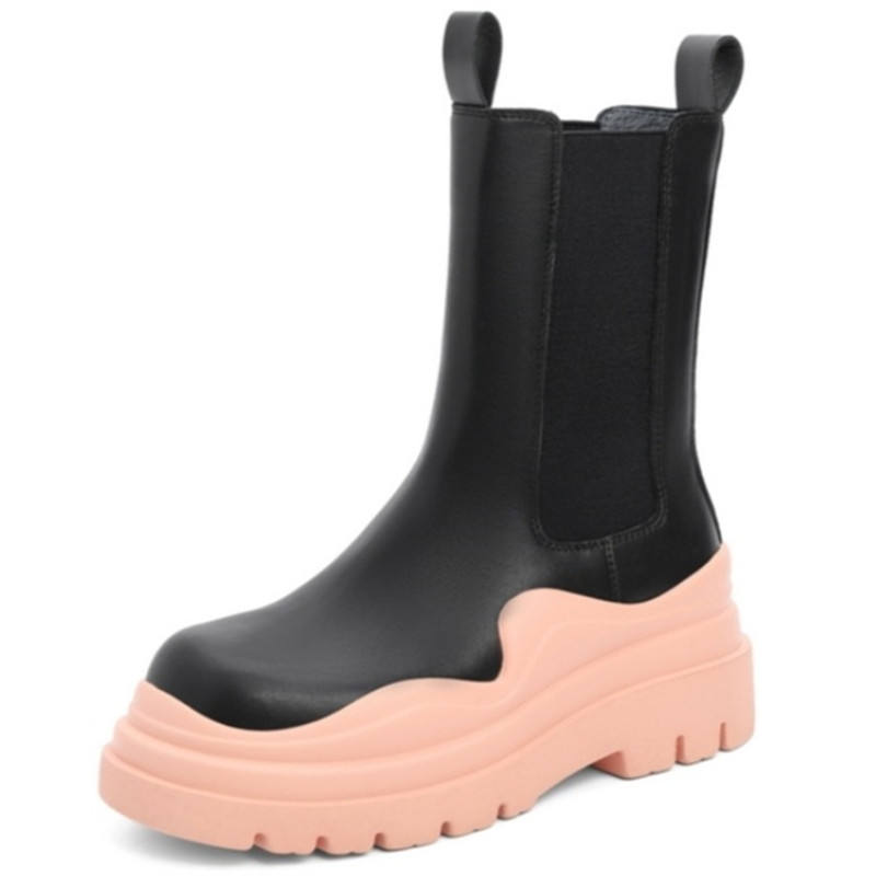 Dropshipping Custom Logo Mid Calf Chelsea Boots Women Shoes Chunky Fashion Pink Luxury Leather Boots For Ladies 