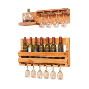 Wholesale High Quality Wood Wall Mounted Wine Display Shelf Bamboo Wine Bottle Rack With Champagne Glass Holder