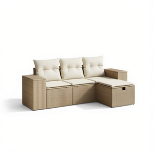 Ensemble de canapés de jardin en polyrotin moderne beige, mobilier d'extérieur modulaire avec coussins en mousse haute densité - Product Image 1