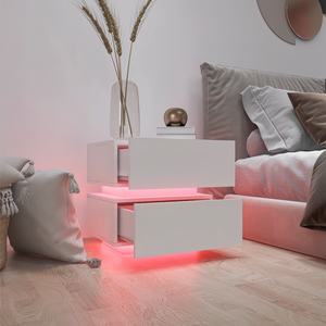 <b>White</b> High <b>Gloss</b> 2 Drawer Bedside Table With RGB LED Light Nightstand For Bedroom Storage - Product Image 3