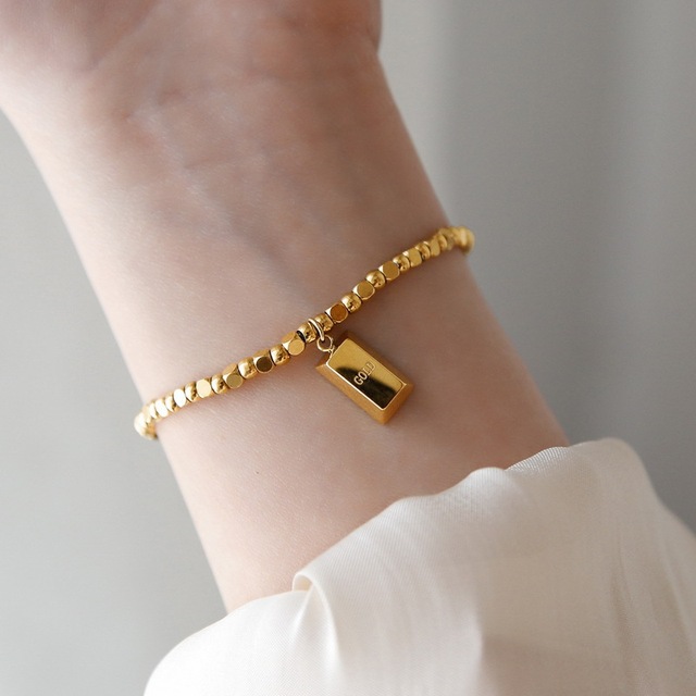 Stainless Steel 18K Gold-plated square Beaded Chain Gold Pendant Charm Bracelet Anklet Set Women's Jewelry