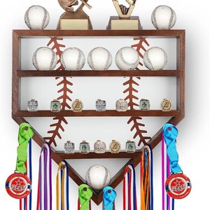 Wood Baseball <b>Medal</b> Display <b>Rack</b> Three Layer Wall Mounted Storage For Art Decor Rustic Style - Product Image 2