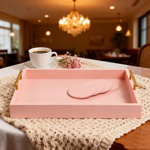 Pink Serving <b>Tray</b> With Gold Handles And Coasters For Coffee <b>Tea</b> Hotel Use - Product Image 3