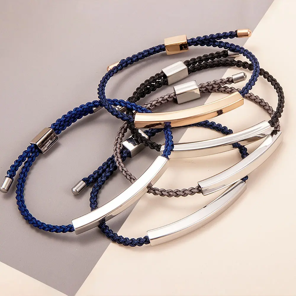 Custom pu leather Jewelry 18k Gold Bar Engravable Statement Bracelets Adjustable Braided Colorful Rope Bracelet For Men Women
