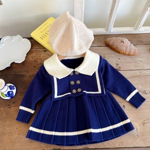 Autunno inverno neonato maglione pieghettato vestito lavorato a maglia bambino contrasto colore manica lunga colletto marinaio abito bambine abiti - Product Image 4